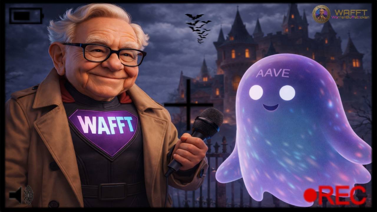 WAFFT Hero interviewing the Aave ghost mascot in front of a dark castle, symbolizing a final reflection on decentralized lending and risk awareness.