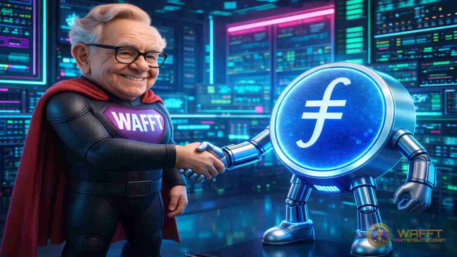 WAFFT Hero shaking hands with the Filecoin token, symbolizing trust, incentives, and decentralized storage infrastructure.