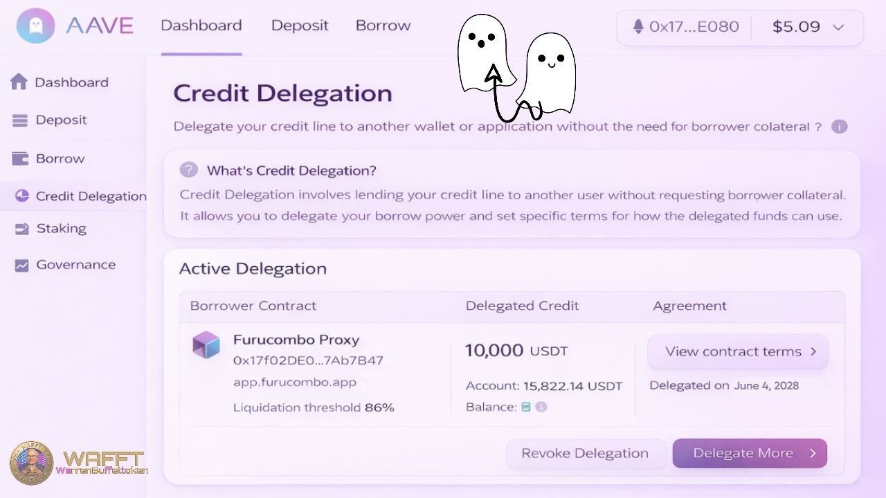 Aave interface showing credit delegation settings and active delegated credit positions.