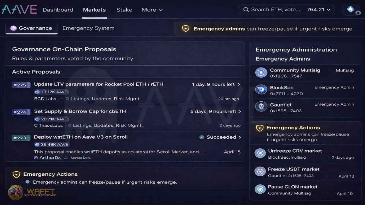 Aave governance interface showing on-chain proposals and emergency administration controls for freezing or pausing markets.