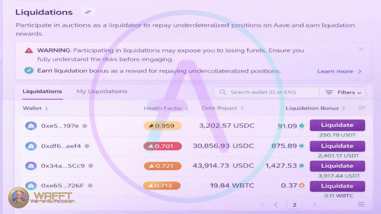 Aave interface showing liquidatable positions with health factors below one.