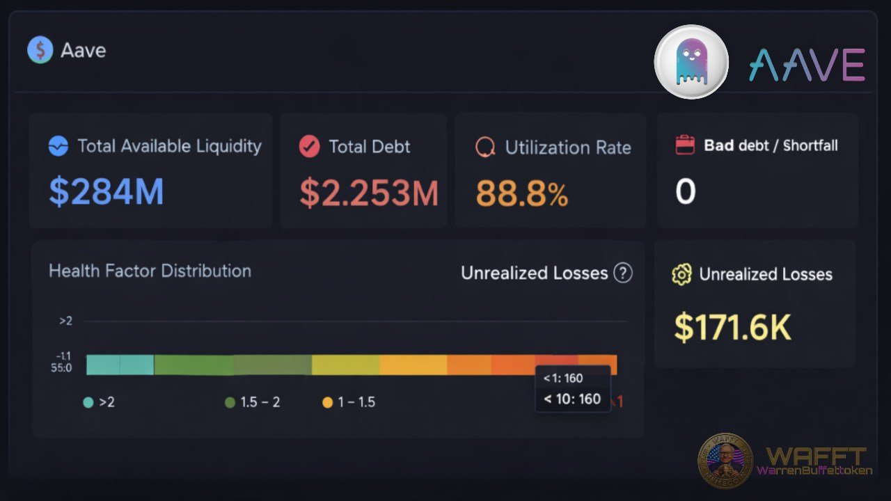 Aave analytics dashboard showing utilization rate, health factor distribution, and unrealized losses.