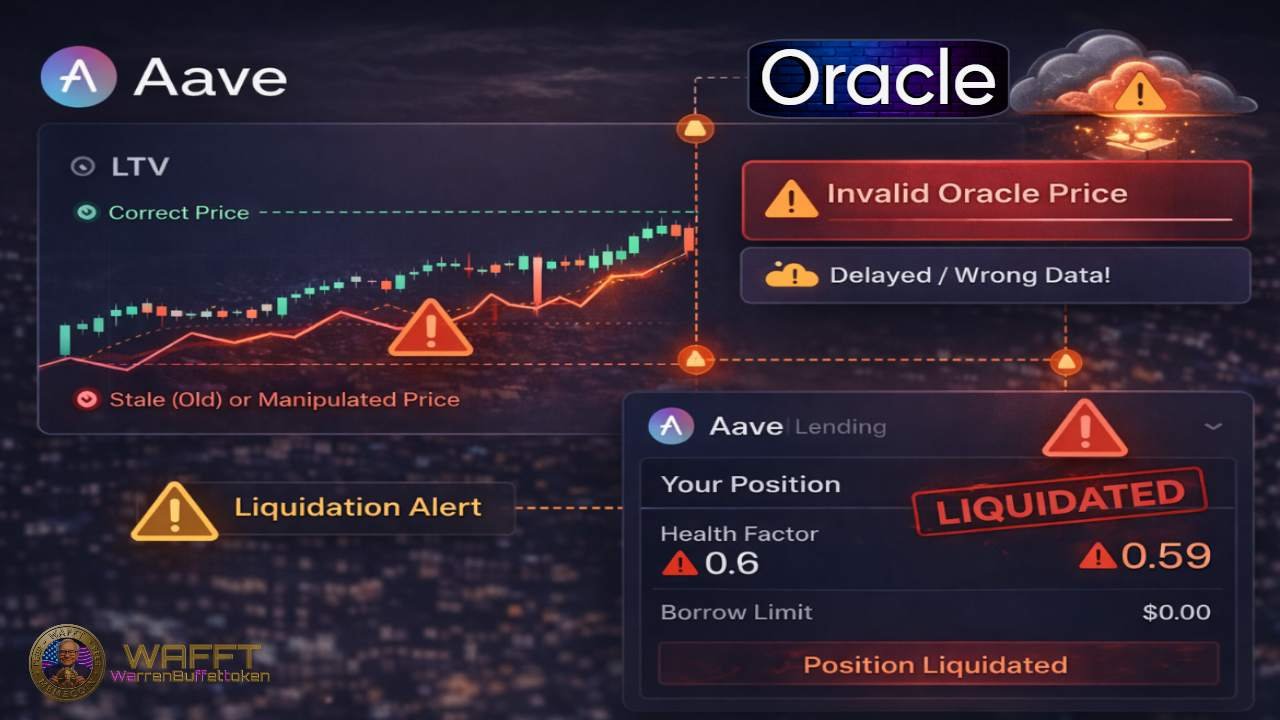 Diagram showing oracle price issues affecting Aave health factor and triggering liquidation due to invalid or delayed price data.