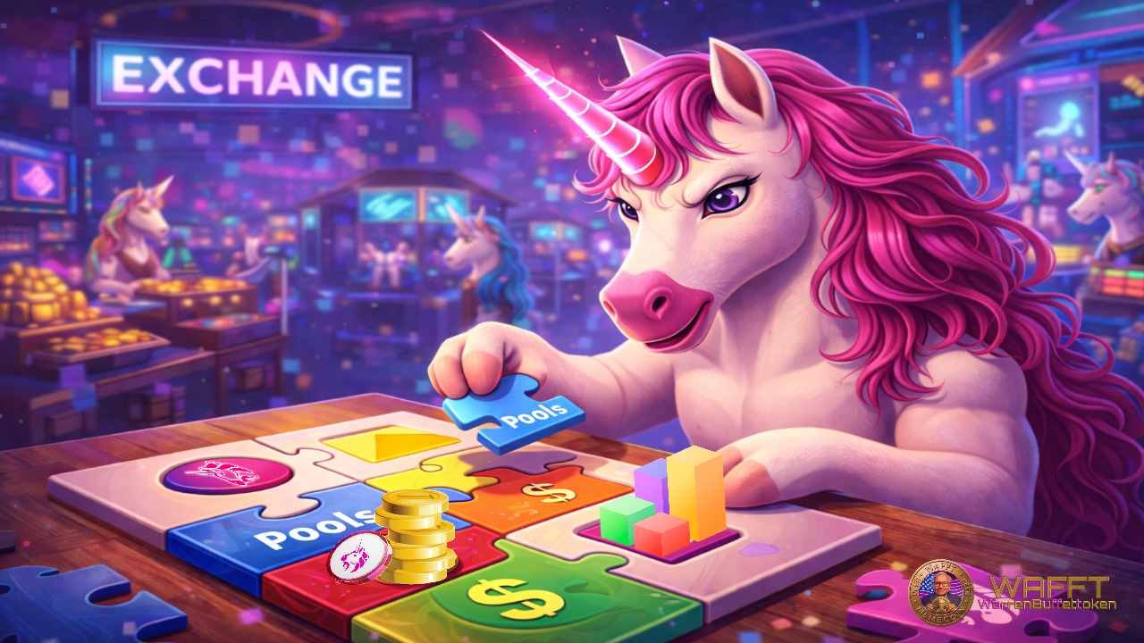 Uniswap unicorn assembling puzzle pieces representing token swaps, liquidity pools, and new market creation.