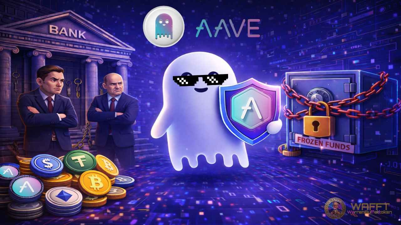Aave ghost protecting user funds while traditional banks restrict access in the background.