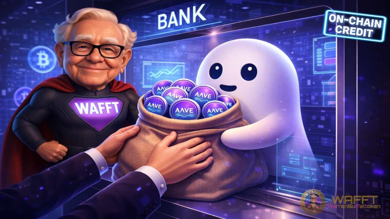 WAFFT Hero and Aave ghost holding a bag of AAVE tokens at a decentralized lending interface.