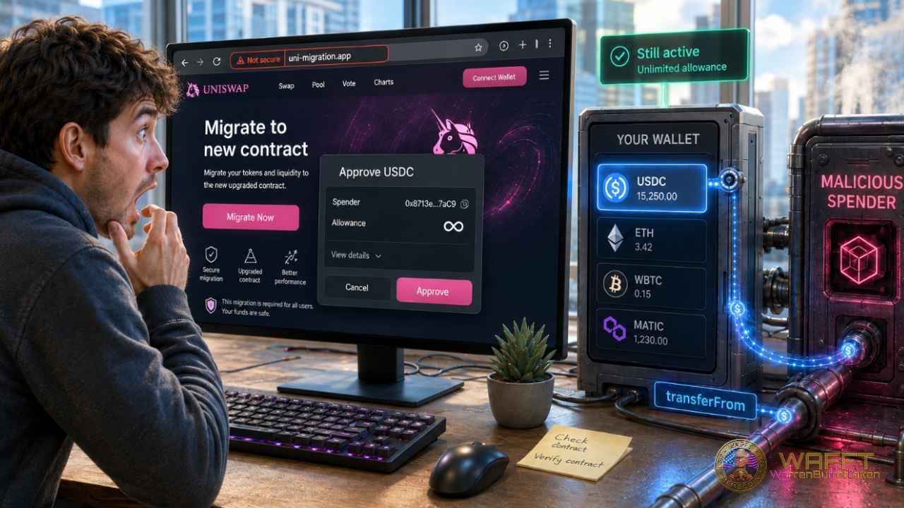 Illustration of a fake Uniswap migration website requesting an unlimited USDC approval, while a still-active allowance links the user’s wallet to a malicious spender that can later drain tokens with transferFrom.