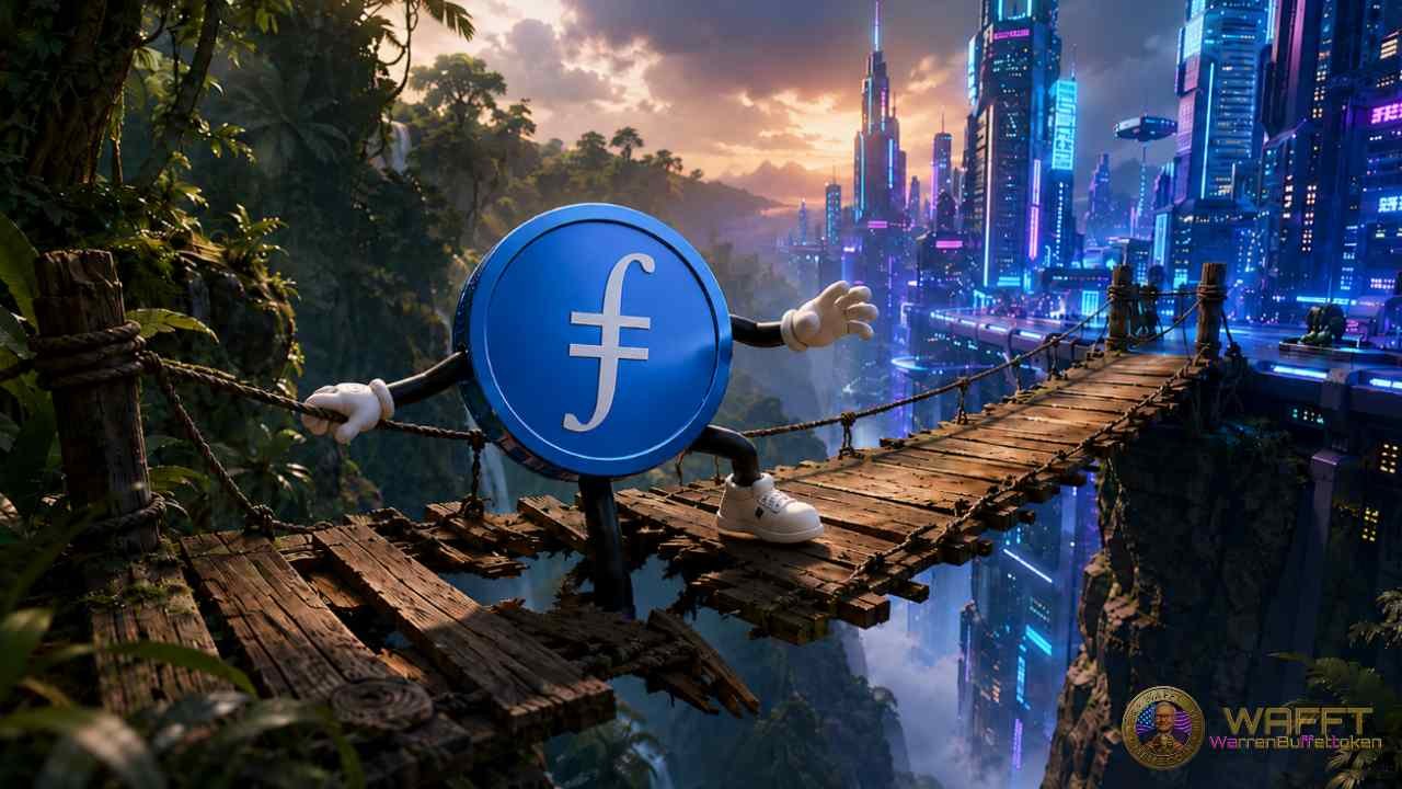 Filecoin token crossing a broken rope bridge between a jungle and a futuristic city, representing bridge risk when FIL moves into DeFi and other blockchain networks.