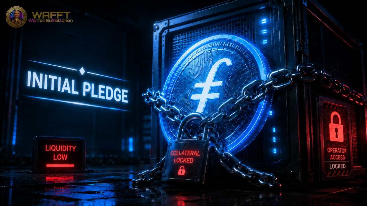 Illustration showing a FIL token locked with chains and a collateral padlock, representing Filecoin initial pledge, locked collateral, and liquidity risk for storage providers.