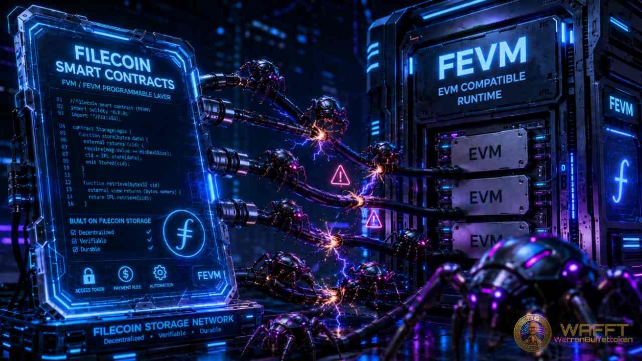 Illustration showing Filecoin smart contracts connected to FEVM infrastructure while bug-like threats attack the system, representing smart contract vulnerabilities and new storage-related risks.
