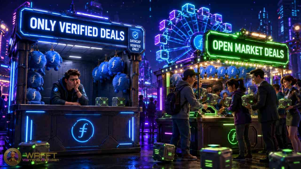 Illustration showing a Filecoin Plus verified deals booth with little activity next to a busy open market deals booth, representing DataCap dependence, verified deals, and incentive risk for storage providers.