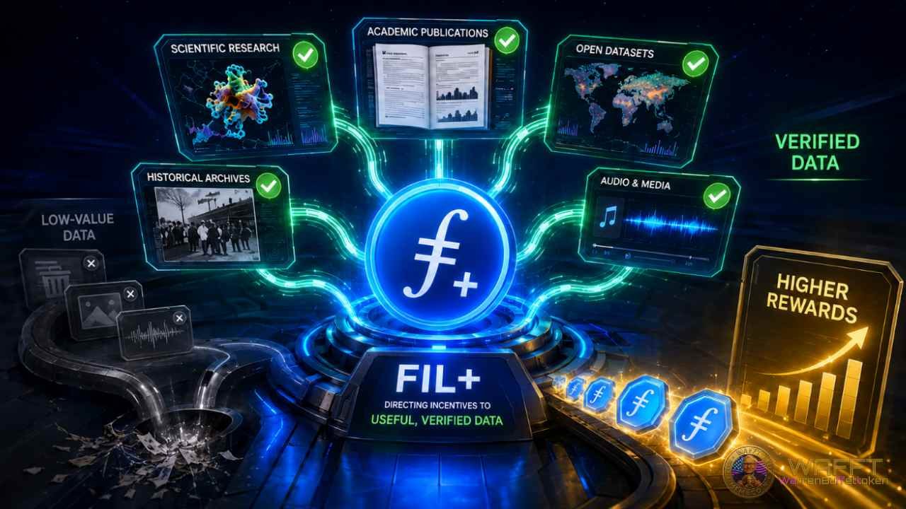 Diagram showing Filecoin Plus directing incentives toward useful verified data such as scientific research, academic publications, open datasets, historical archives, and media files.