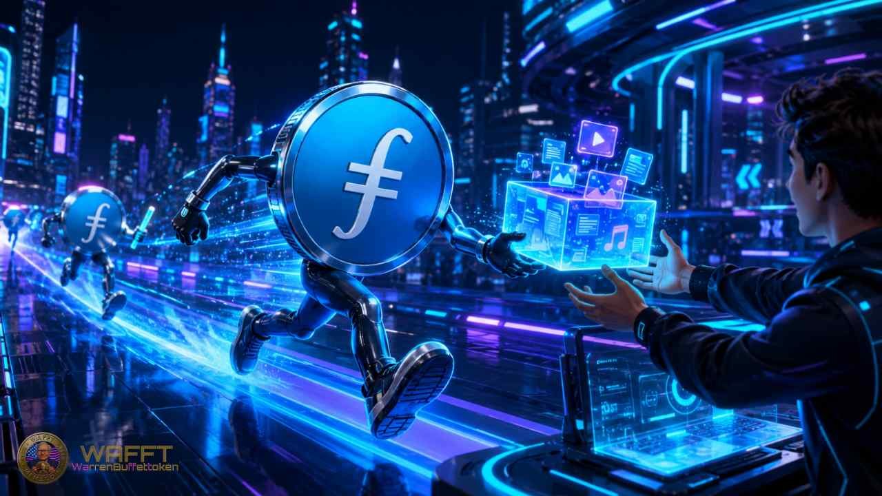 Illustration showing Filecoin token characters delivering digital content to a user, representing fast data retrieval, content delivery, and Web3 CDN use cases.