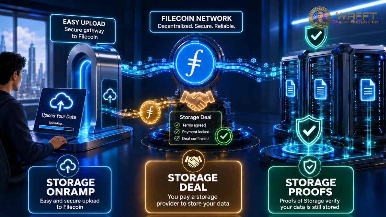 Diagram showing a user uploading data through a Filecoin storage onramp, creating a storage deal with a provider, and verifying stored data through storage proofs.