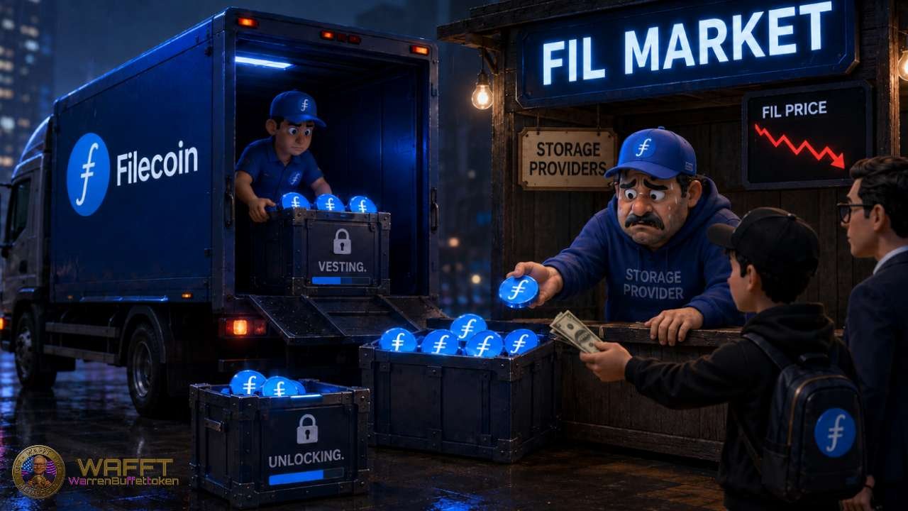 Illustration of a Filecoin storage provider selling unlocked FIL from vesting crates, representing vesting schedules, liquidity needs, and selling pressure in Filecoin tokenomics.
