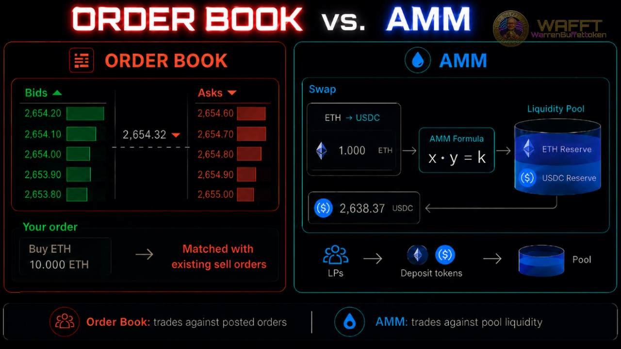 Diagram comparing a traditional order book with bids and asks against a Uniswap AMM that executes swaps through a liquidity pool using the x × y = k formula.