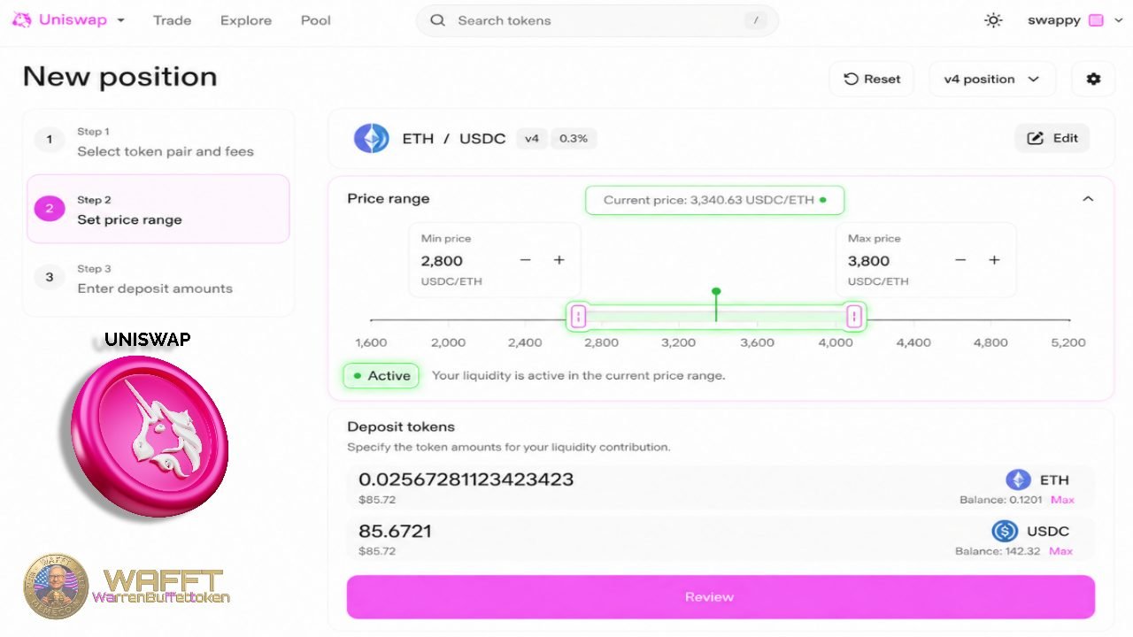 Uniswap interface showing an ETH/USDC liquidity position with the current price inside the selected range, indicating active liquidity for a liquidity provider.