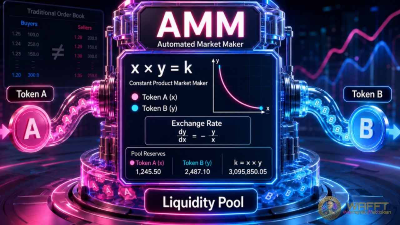 Diagram of a Uniswap automated market maker showing Token A and Token B flowing through a liquidity pool, the x × y = k constant product formula, pool reserves, and a comparison with a traditional order book.