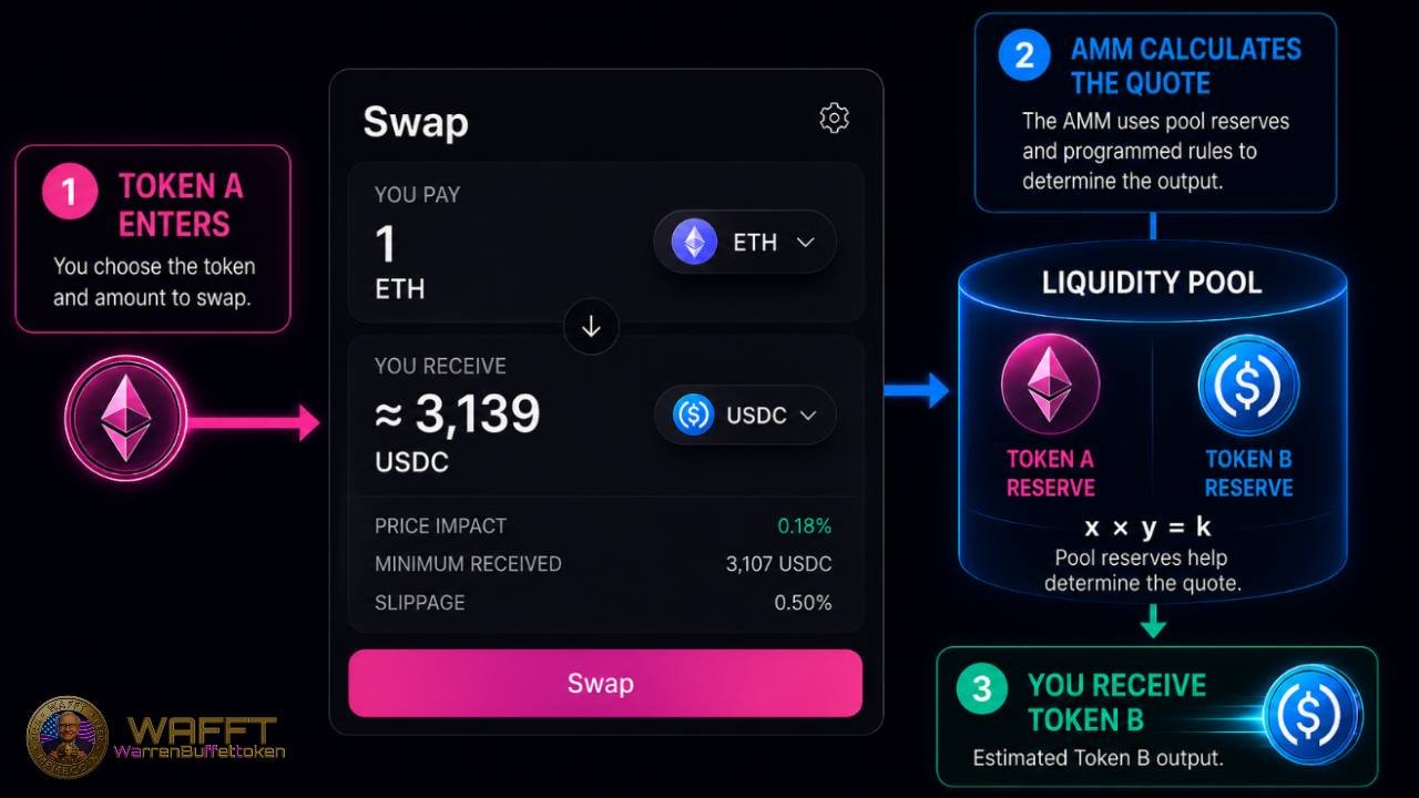 Diagram of a Uniswap swap showing Token A entering, the AMM using liquidity pool reserves to calculate the quote, and Token B being received as the output.