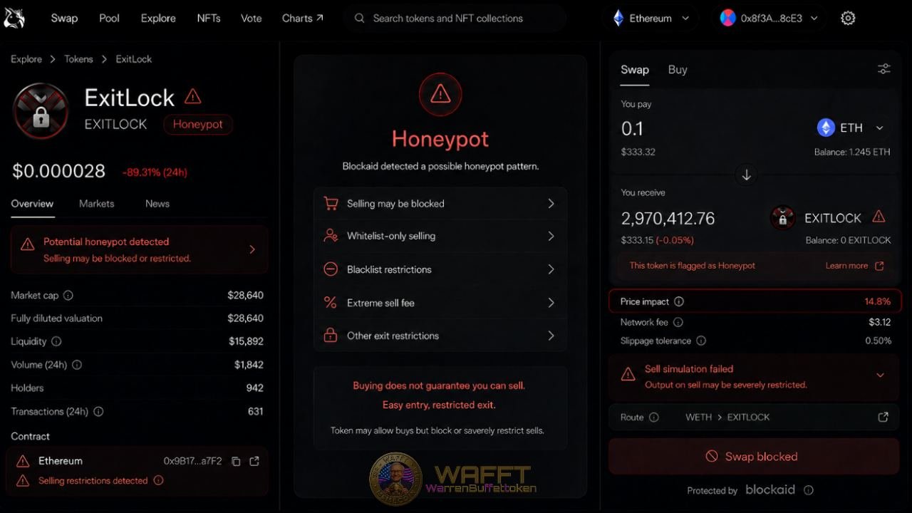 Educational Uniswap-style interface showing the ExitLock token flagged as a honeypot, with warnings about blocked selling, whitelist restrictions, extreme sell fees and a failed sell simulation.