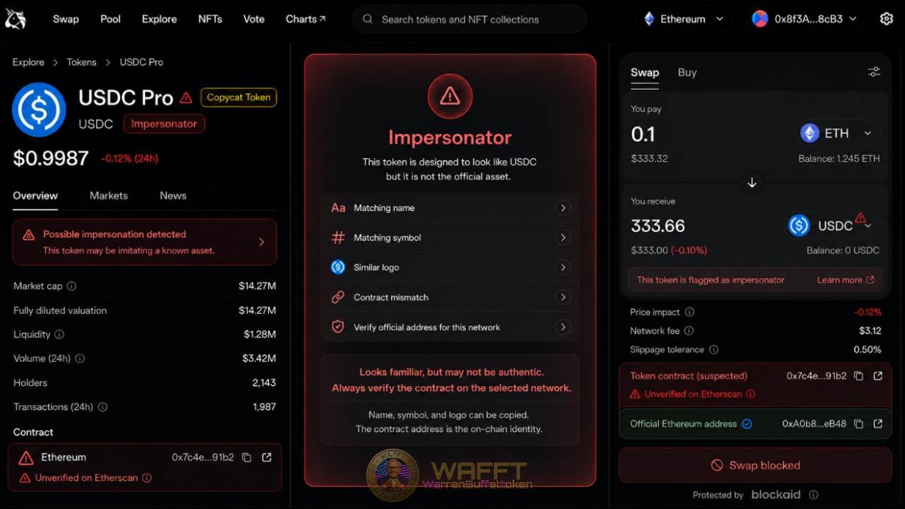 Educational Uniswap-style interface showing a copycat USDC token flagged as an impersonator because its name, symbol and logo resemble the official asset but its contract address does not match.
