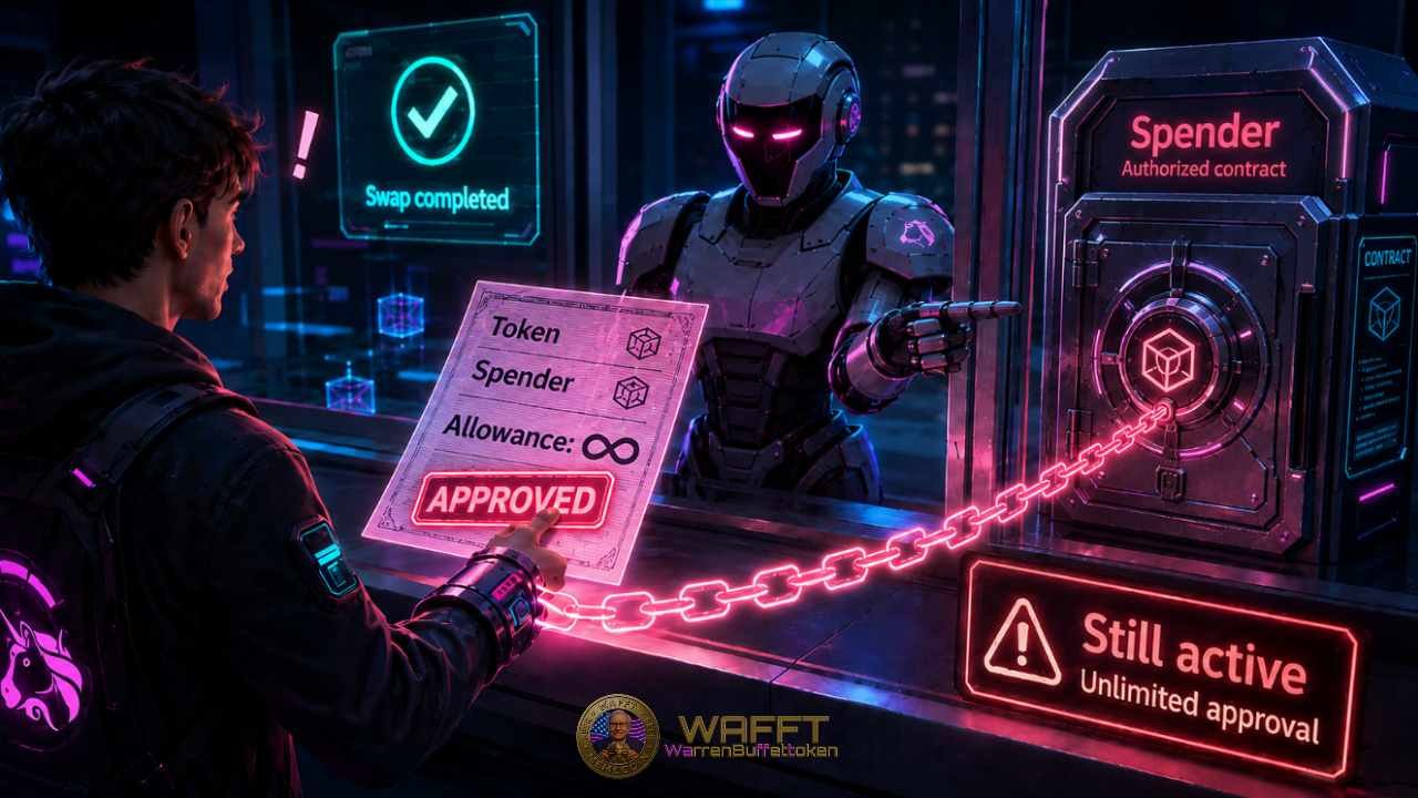 Illustration of a user holding an approved token allowance document with an infinite approval for a spender contract, showing that the permission remains active even after the swap is completed.