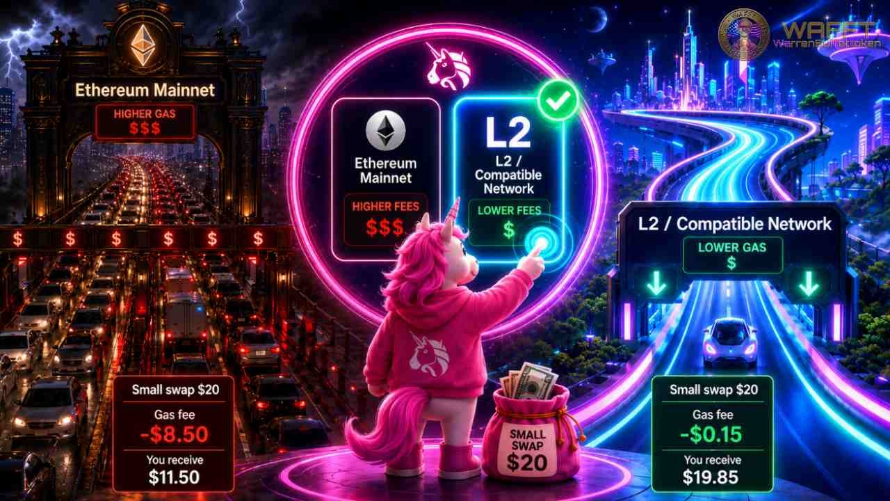 Illustration of the Uniswap unicorn comparing Ethereum mainnet with an L2 compatible network, showing higher gas fees on mainnet and lower fees for a small swap on L2.