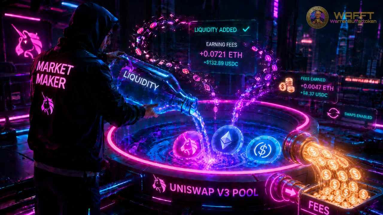 Illustration of a liquidity provider adding assets to a Uniswap v3 pool, enabling token swaps and earning trading fees.