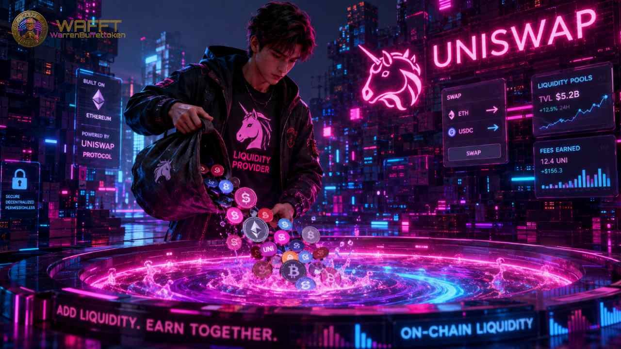 Illustration of a Uniswap liquidity provider adding tokens to a liquidity pool, representing on-chain liquidity, token swaps, and fee earnings.