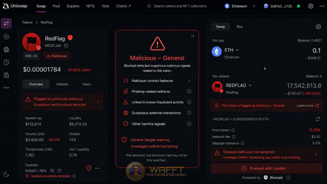 Uniswap-style warning interface showing a token flagged as “Malicious – General,” with alerts about suspicious contract behavior, phishing-related redirects, fraudulent links and other harmful signals.