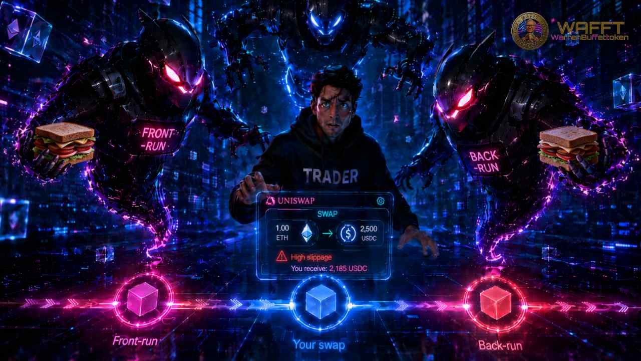 Illustration of a trader on Uniswap surrounded by MEV bots labeled front-run and back-run, holding sandwiches and targeting a swap exposed to high slippage in a cyber-style blockchain environment.
