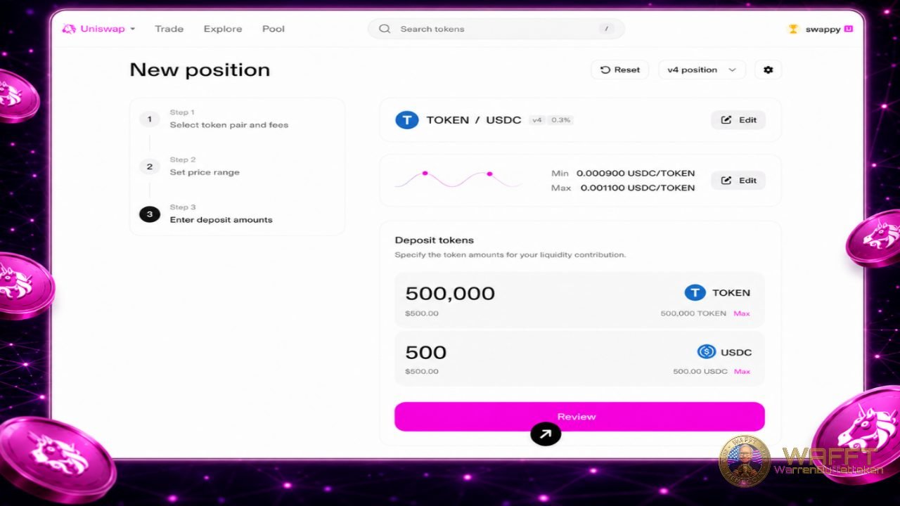 Uniswap interface showing a new liquidity position for a TOKEN/USDC pair, representing initial liquidity for a new token market.