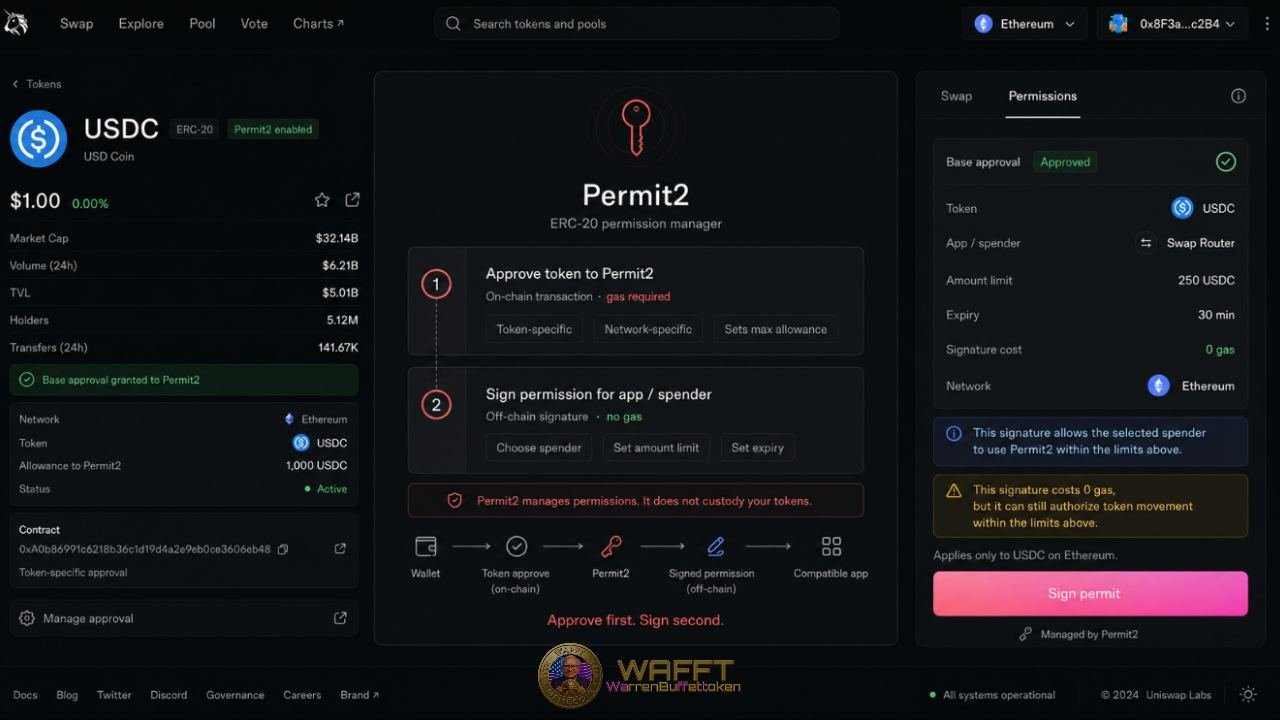 Educational Uniswap-style interface explaining Permit2 through a two-step flow: approving USDC to Permit2 on-chain and signing a permission for a selected spender with amount and expiry limits.