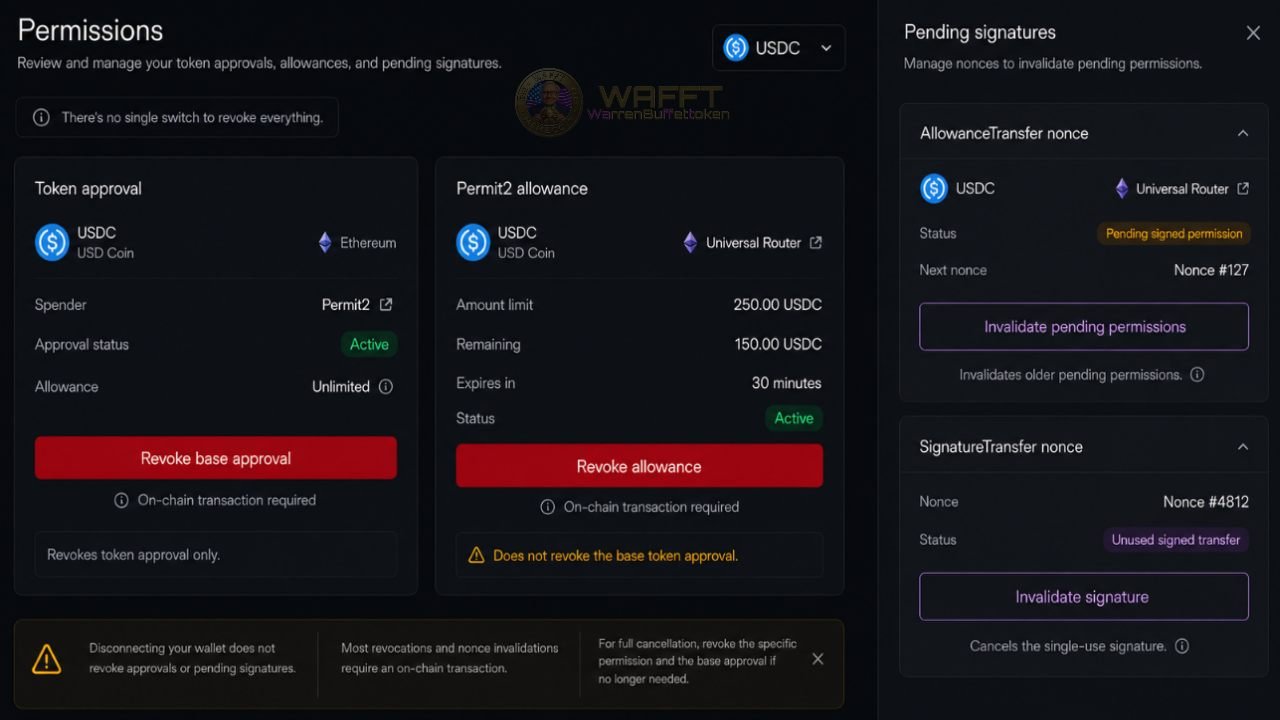 Educational Uniswap-style permissions interface showing an active USDC base approval, a Permit2 allowance, revoke controls, and nonce options to invalidate pending signatures and signed permissions.