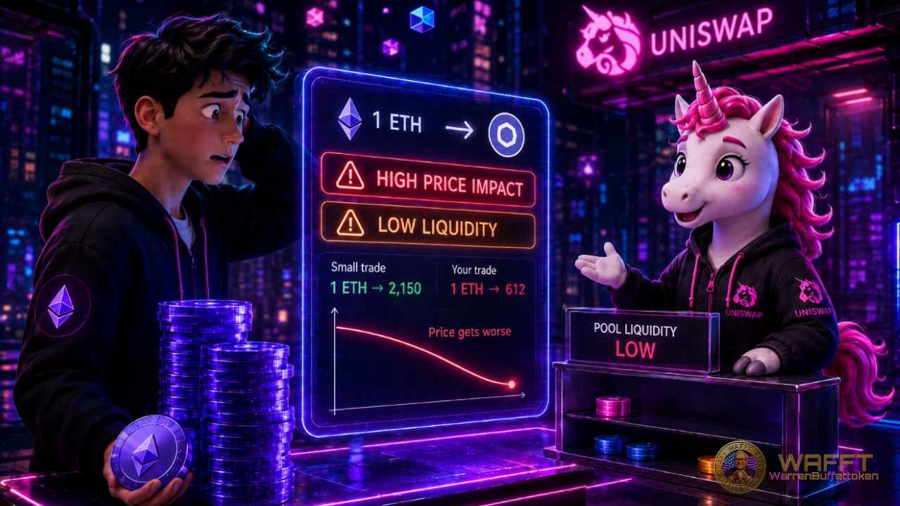 Illustration of a trader facing high price impact and low liquidity on Uniswap, with a deteriorating price curve and a swap quote showing a much lower token output.