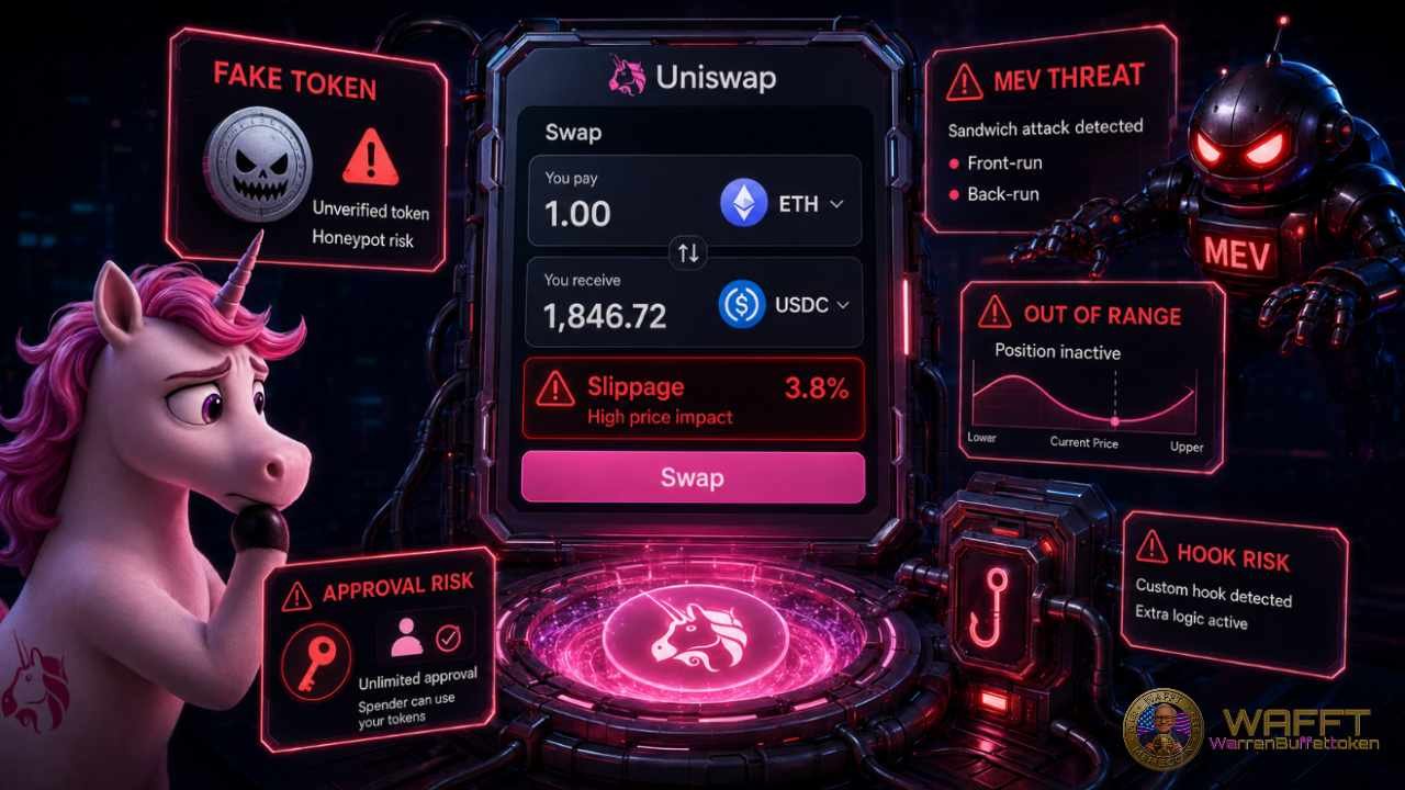 Illustration of a Uniswap swap interface surrounded by key risk warnings, including fake token risk, approval risk, slippage, MEV threat, out-of-range liquidity and custom hook risk, with a worried unicorn reviewing the swap.