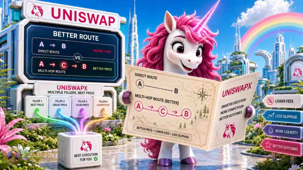 Illustration of the Uniswap unicorn comparing a direct A-to-B swap route with a multi-hop A-to-C-to-B route, representing routing, liquidity, slippage and better swap execution.