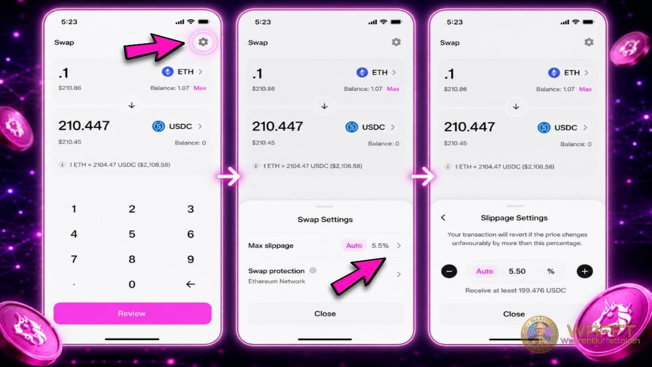 Uniswap mobile swap interface showing swap settings and slippage tolerance controls before confirming a token swap.