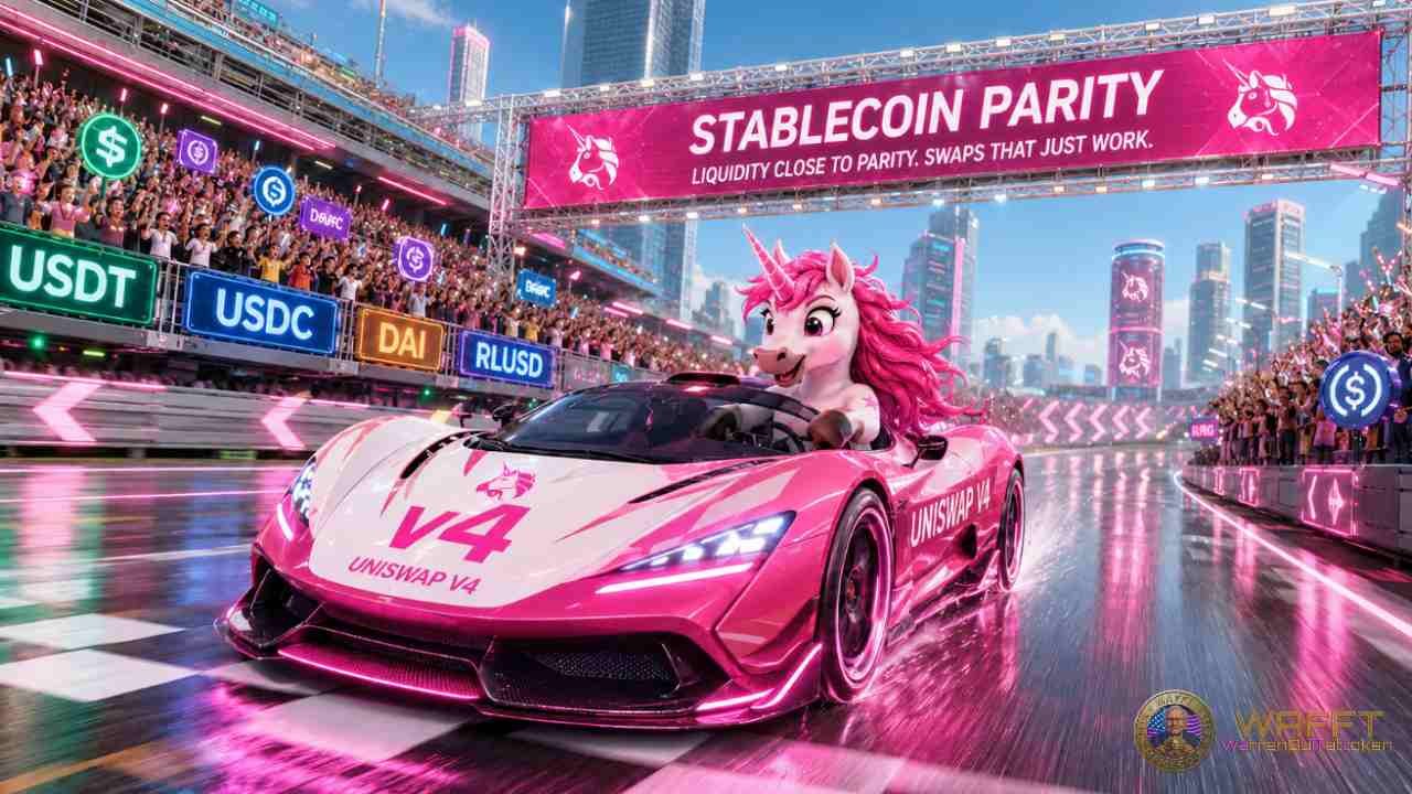 Illustration of the Uniswap unicorn driving a Uniswap v4 race car past stablecoin signs, representing low-friction stablecoin swaps near parity.