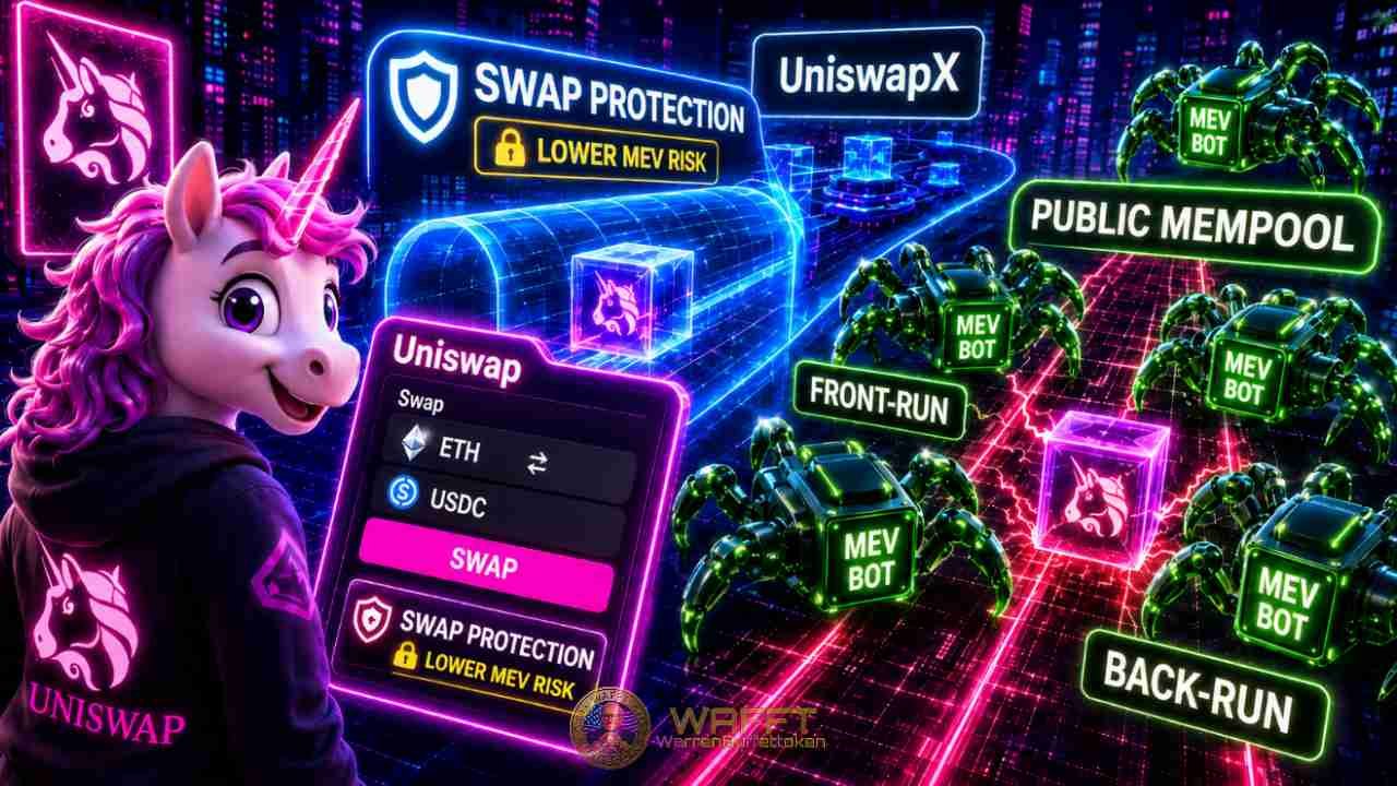 Illustration comparing a protected Uniswap swap route with the public mempool, where MEV bots attempt front-running and back-running around an exposed transaction.