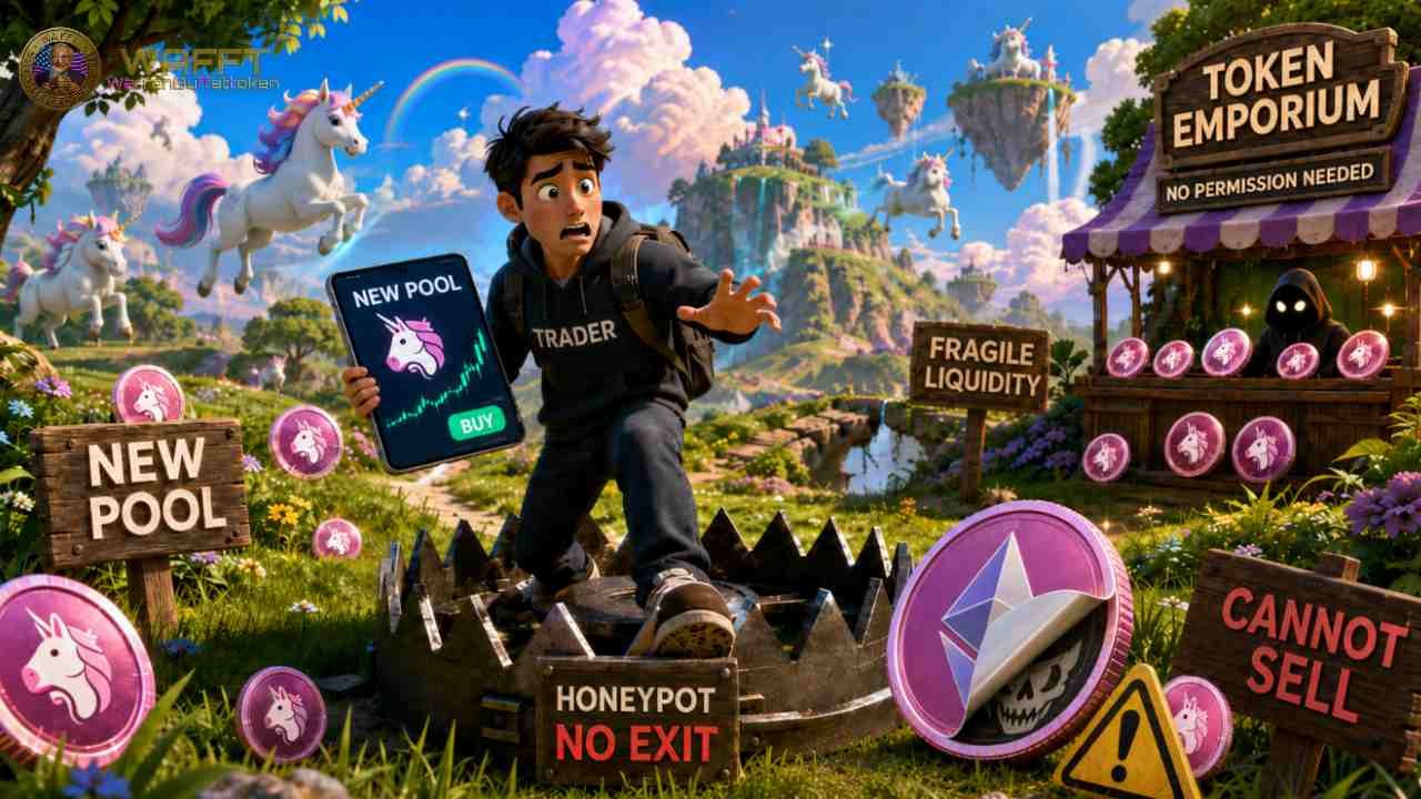 Illustration of a trader caught in a honeypot trap surrounded by suspicious Uniswap-style tokens, fragile liquidity warnings and a “cannot sell” sign, representing fake tokens and false legitimacy.