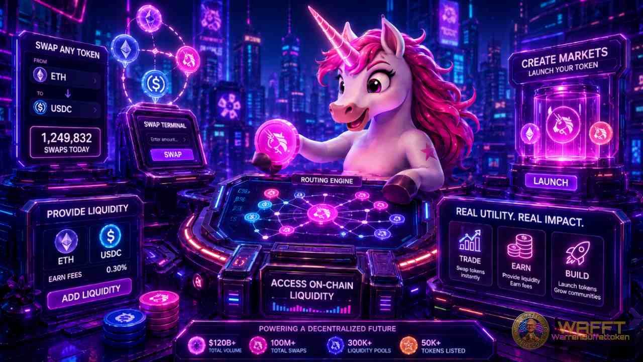 Illustration of the Uniswap unicorn showing token swaps, liquidity pools, routing, market creation and wallet-based DeFi use cases.