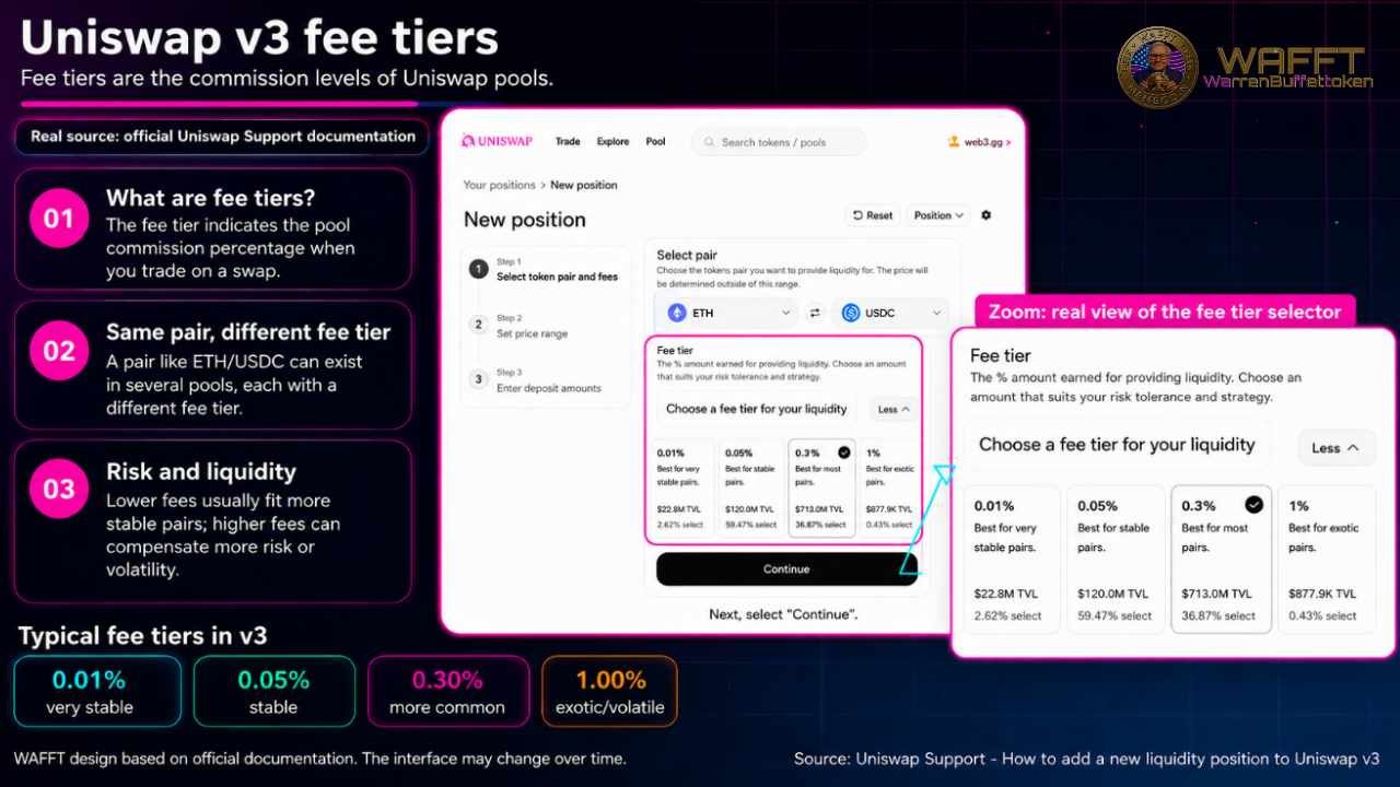 Infographic explaining Uniswap v3 fee tiers for liquidity providers, showing the new position interface with fee tier options 0.01%, 0.05%, 0.3%, and 1%, plus key notes about pool fees, multiple pools for the same pair, and the role of risk and liquidity.