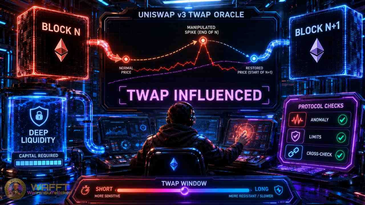 Cyber-style illustration of a Uniswap v3 TWAP oracle showing Block N and Block N+1, a manipulated price spike, restored price, deep liquidity, protocol checks, and a short-versus-long TWAP window.