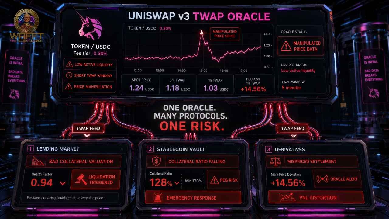 Illustration of a manipulated Uniswap v3 TWAP oracle feeding bad price data into lending, stablecoin and derivatives protocols, triggering liquidations, collateral stress and mispriced settlements.