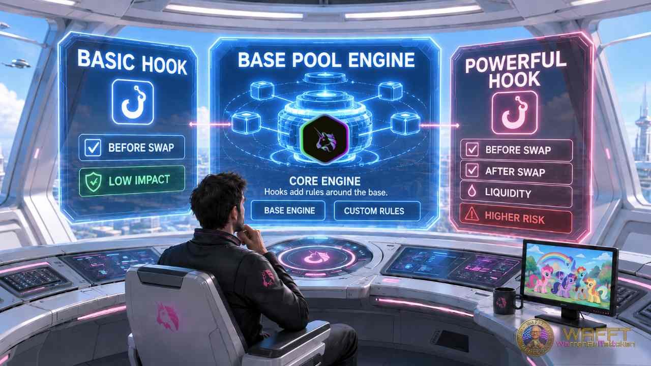 Illustration of a futuristic Uniswap v4 control room with holographic panels comparing a basic hook and a powerful hook connected to the base pool engine, showing different permissions and risk levels.