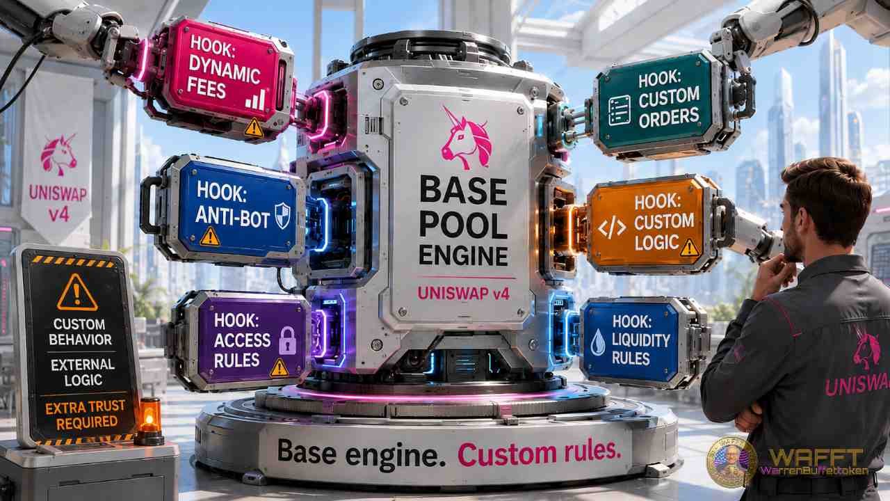 Illustration of a Uniswap v4 base pool engine connected to multiple hook modules such as dynamic fees, anti-bot, access rules, custom orders, custom logic, and liquidity rules, representing programmable pool behavior and added trust assumptions.