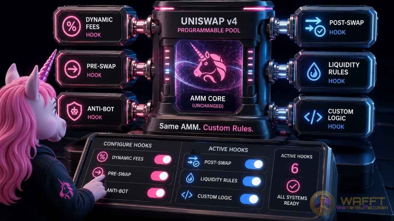 Illustration of a Uniswap v4 programmable pool with dynamic fees, pre-swap, post-swap, anti-bot, liquidity rules and custom logic hooks surrounding an unchanged AMM core.