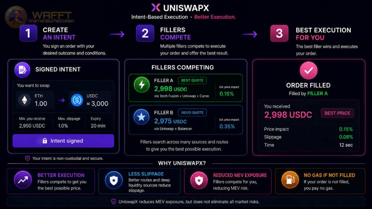Diagram explaining UniswapX intent-based swaps, where a user signs an intent, fillers compete with different quotes, and the best execution is selected with lower slippage and reduced MEV exposure.