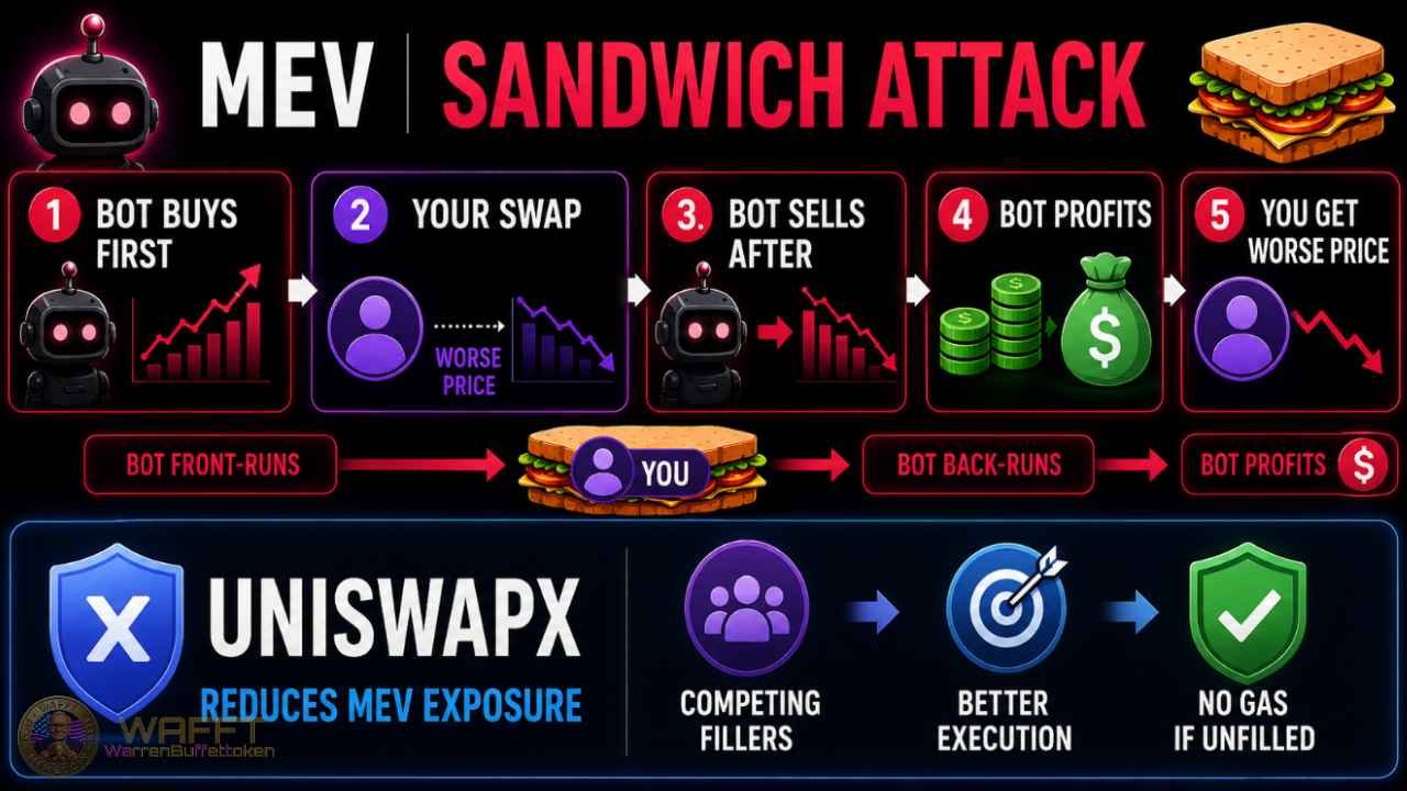 Illustration showing how a MEV sandwich attack works during a swap and how UniswapX helps reduce MEV exposure through competing fillers, better execution and no gas if unfilled.